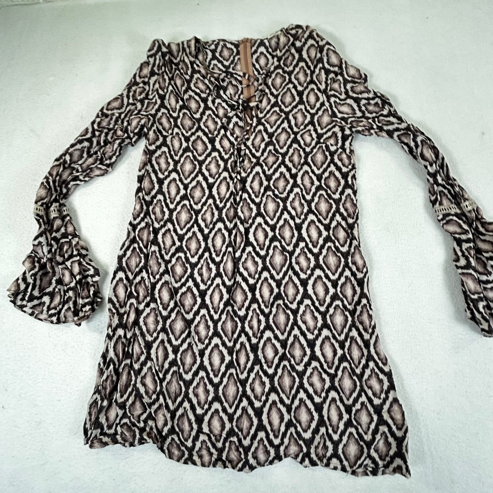Cotton Candy Bell Sleeve Geometric Print Lace Trim Tunic Top Dress Women's M